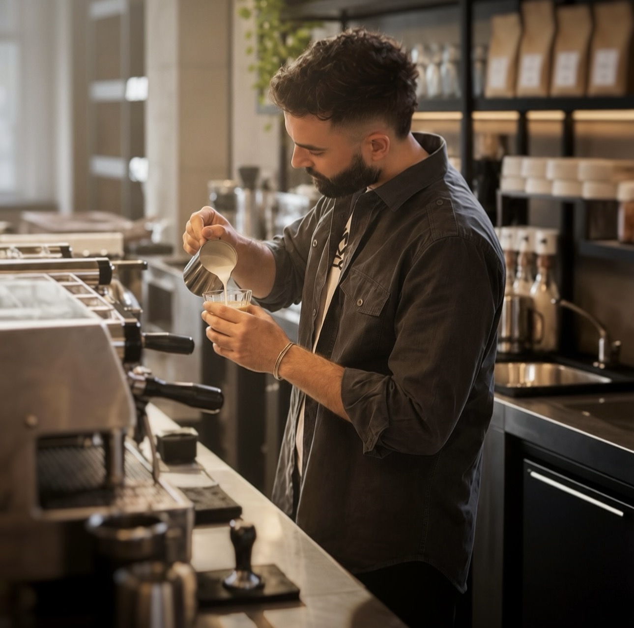 Barista vaporizando leite enquanto é cronometrado numa cafeteria